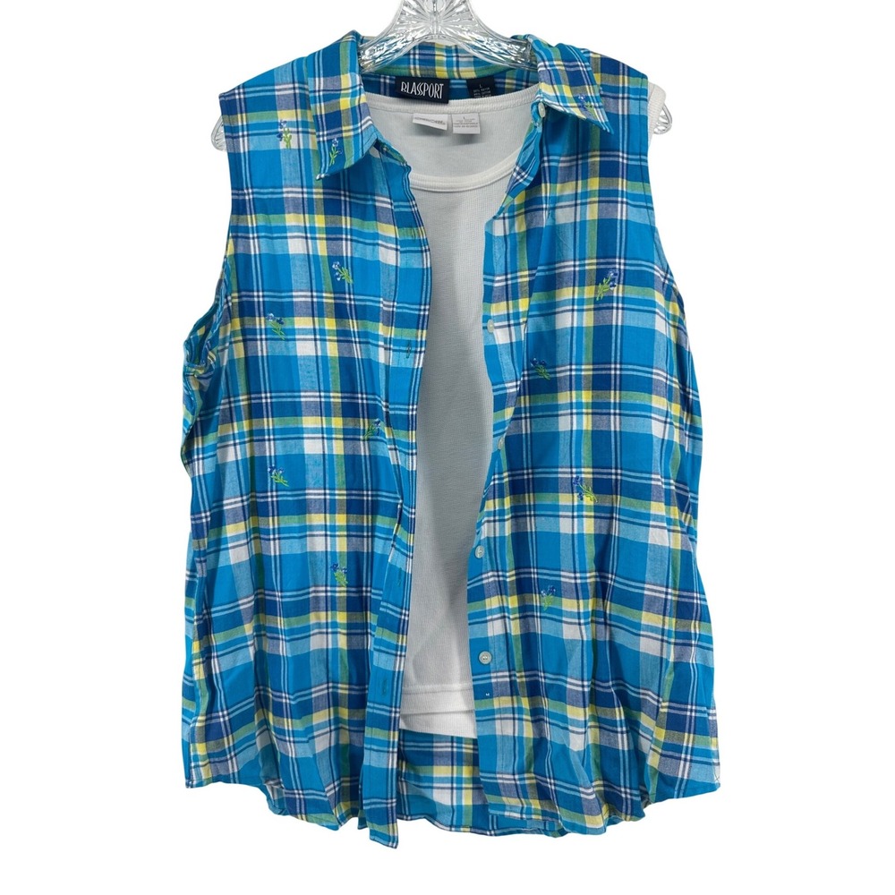VTG Blassport Plaid Embroidered Sleeveless Shirt & Cherokee Tank Set Women L